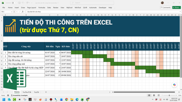 tiến độ thi công excel